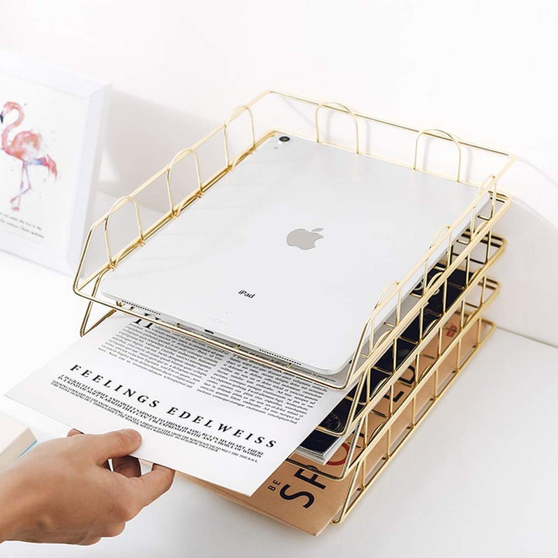 Jolitac Rose Gold 4-Tier Stackable Paper Tray Desk Organizer, Workspace Decorative Stacking Rack Supplies Holder, Metal Letter Trays for File Documents in Home & Office (Gold) - Image 3